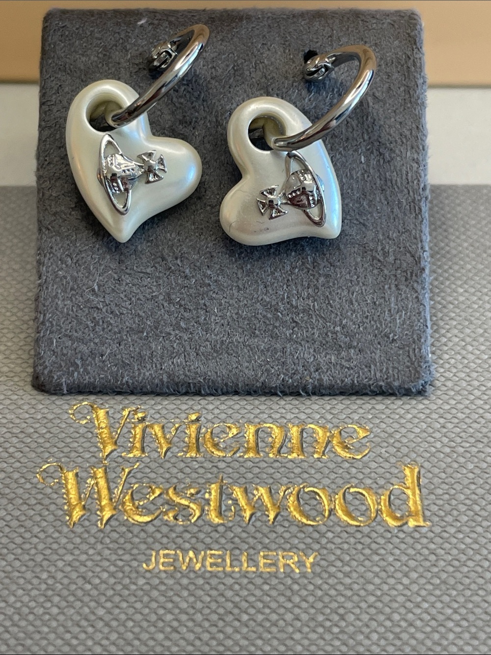 Vivienne Westwood Cream Heart Hoop Earrings with Silver Orb